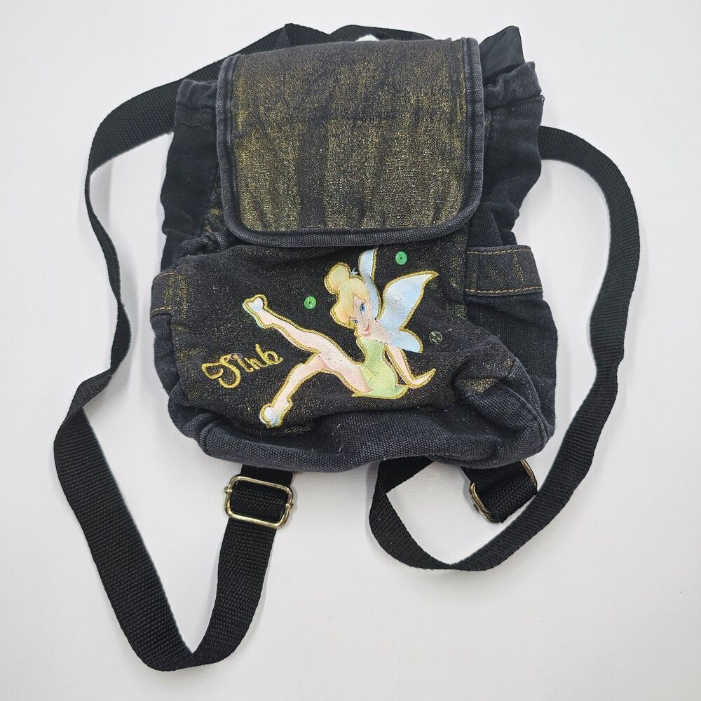 Vintage Y2K Disney Tinkerbell Black Denim Mini Backpack Gold Sparkle Flap Cinch